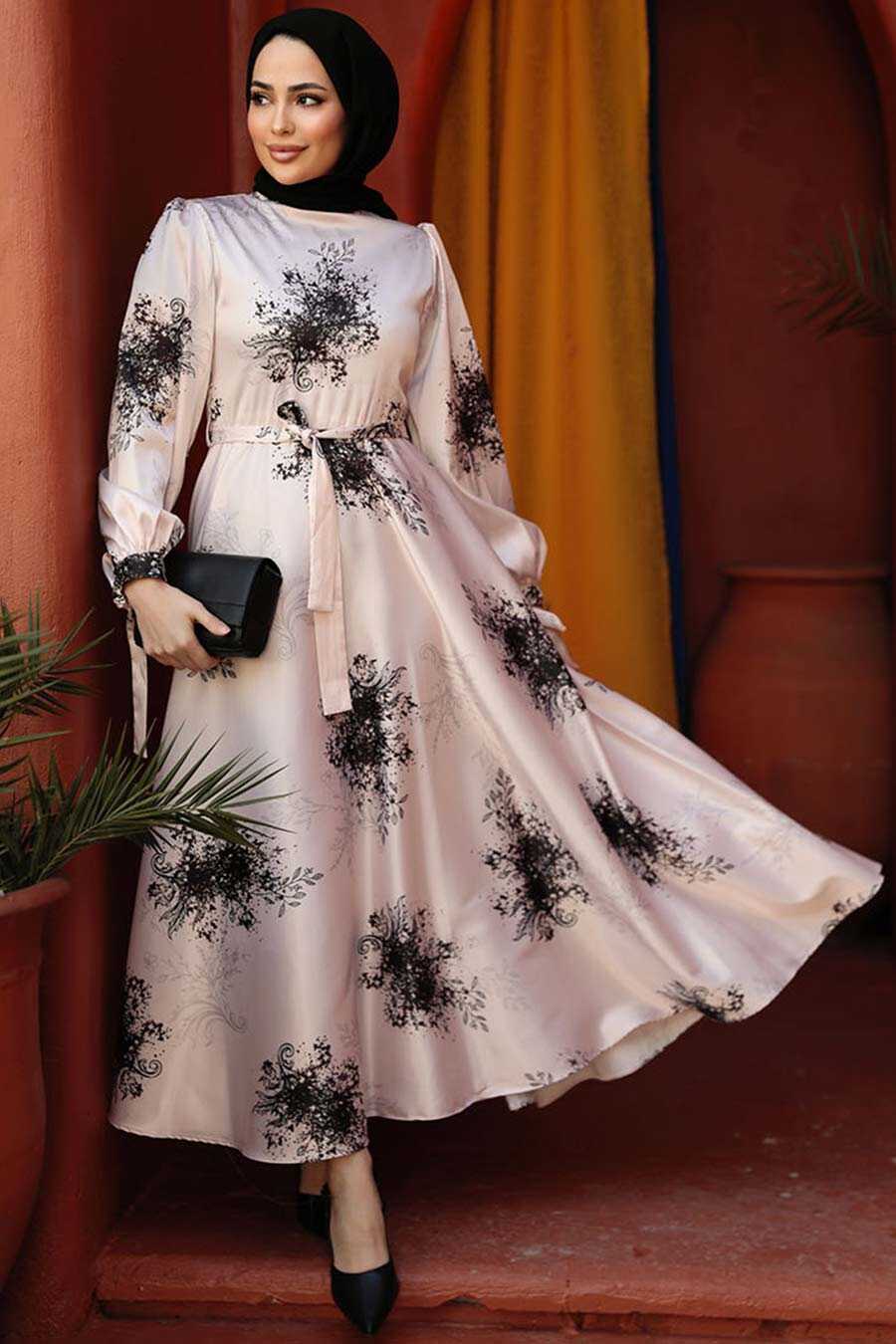 Modest Black Floral Long Sleeve Dress 60911S - Neva-style.com