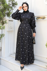 Modest Black Floral Long Sleeve Dress 61095S - 1
