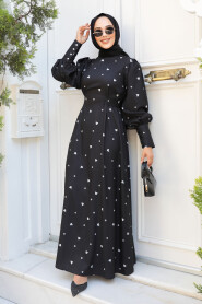 Modest Black Floral Long Sleeve Dress 61095S - 2