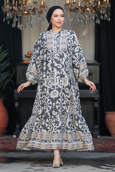 Modest Black Floral Maxi Dress 18232S - NEVA STYLE