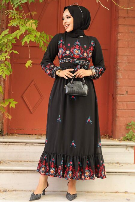Modest Black Floral Maxi Dress 23231S - NEVA STYLE