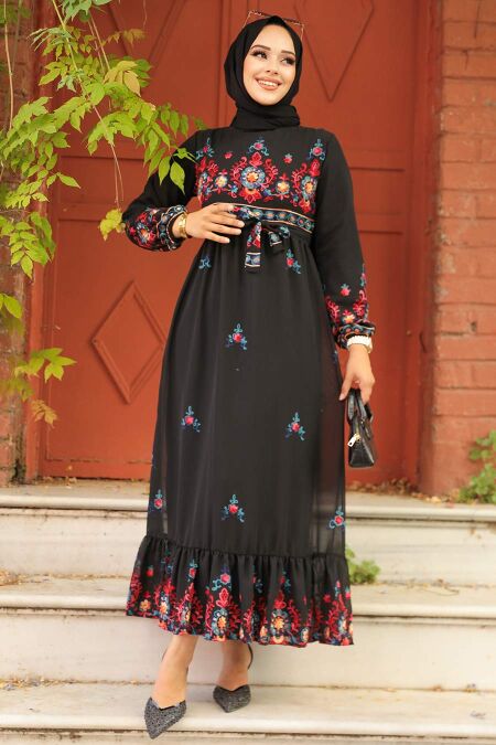 Modest Black Floral Maxi Dress 23231S - Neva-style.com