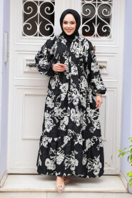 Modest Black Floral Maxi Dress 23588S - 2