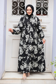 Modest Black Floral Maxi Dress 23588S 