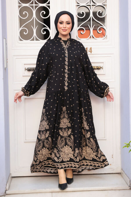 Modest Black Floral Maxi Dress 30063S - NEVA STYLE