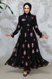 Modest Black Floral Maxi Dress 32816S - 2