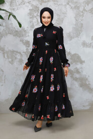 Modest Black Floral Maxi Dress 32816S 