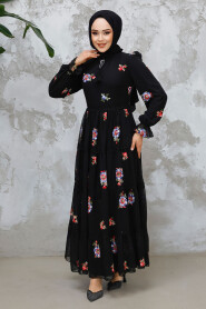 Modest Black Floral Maxi Dress 32816S - 3