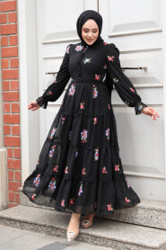 Modest Black Floral Maxi Dress 32816S - 2