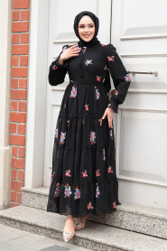 Modest Black Floral Maxi Dress 32816S - 3