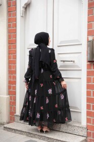 Modest Black Floral Maxi Dress 32816S - 4