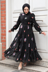 Modest Black Floral Maxi Dress 32816S 
