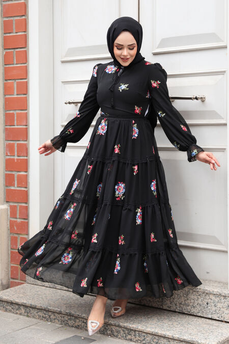 Modest Black Floral Maxi Dress 32816S - NEVA STYLE