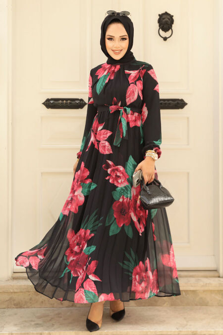 Modest Black Floral Maxi Dress 34466S - NEVA STYLE
