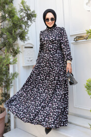 Modest Black Floral Maxi Dress 61071S - 1