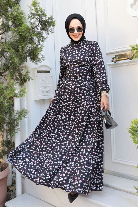 Modest Black Floral Maxi Dress 61071S - NEVA STYLE