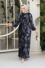 Modest Black Floral Pleated Dress 23502S 