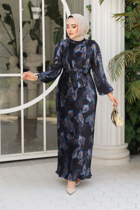 Modest Black Floral Pleated Dress 23502S - NEVA STYLE