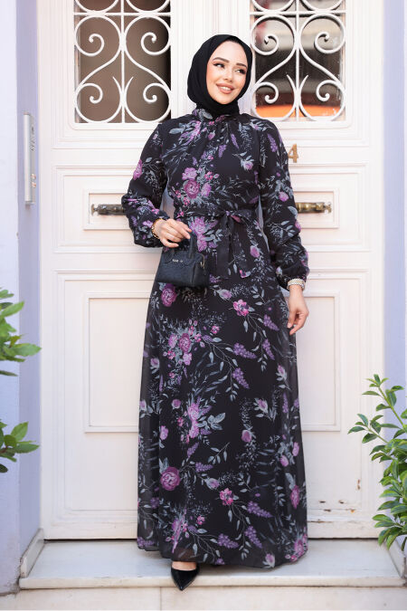Modest Black Floral Plus Size Dress 27960S - NEVA STYLE