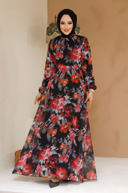 Modest Black Floral Plus Size Dress 27962S - NEVA STYLE