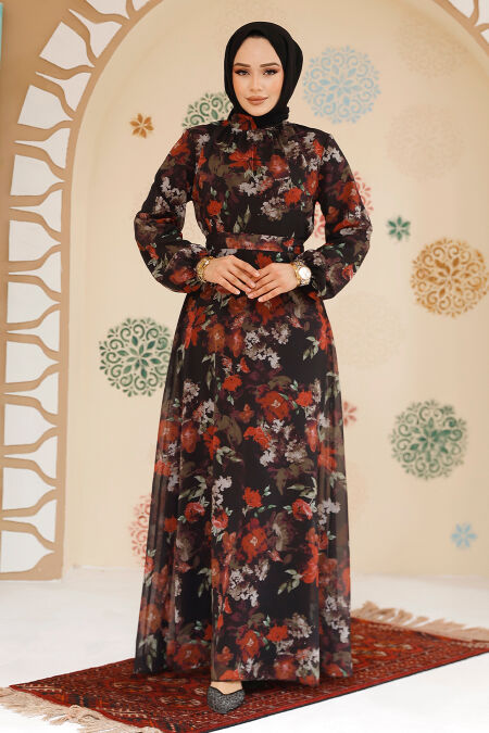 Modest Black Floral Plus Size Dress 27964S - NEVA STYLE