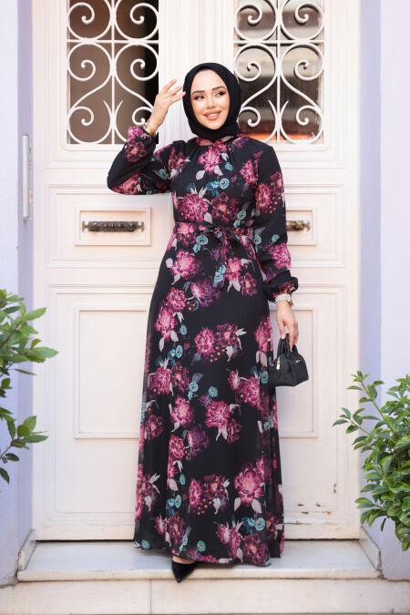 Modest Black Floral Plus Size Dress 27965S - NEVA STYLE