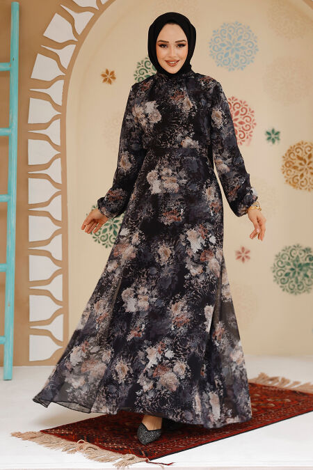 Modest Black Floral Plus Size Dress 27967S - NEVA STYLE