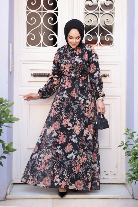 Modest Black Floral Plus Size Dress 27968S - NEVA STYLE