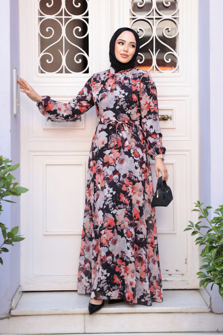 Modest Black Floral Plus Size Dress 27970S - NEVA STYLE