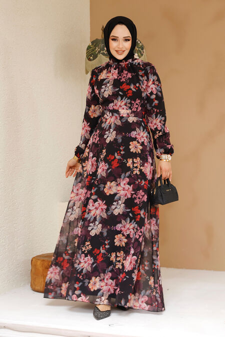 Modest Black Floral Plus Size Dress 27979S - NEVA STYLE