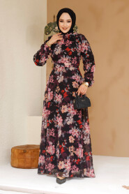 Modest Black Floral Plus Size Dress 27979S - 2