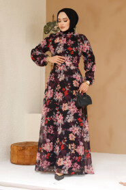 Modest Black Floral Plus Size Dress 27979S - 3