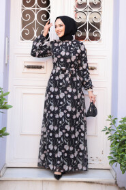 Modest Black Floral Plus Size Dress 279909S - 1