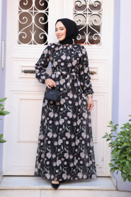 Modest Black Floral Plus Size Dress 279909S - 2