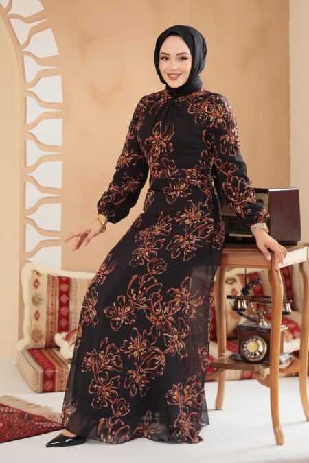 Modest Black Floral Plus Size Dress 279911S - NEVA STYLE