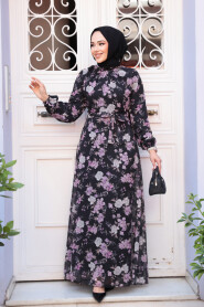Modest Black Floral Plus Size Dress 279912S - 1