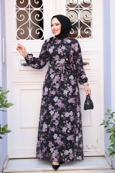 Modest Black Floral Plus Size Dress 279912S - NEVA STYLE