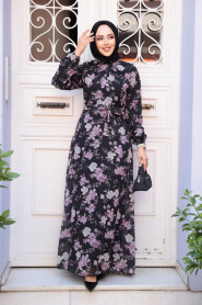 Modest Black Floral Plus Size Dress 279912S - 2