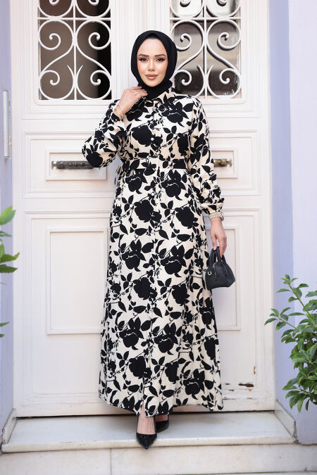 Modest Black Flower Dress 24083S - NEVA STYLE
