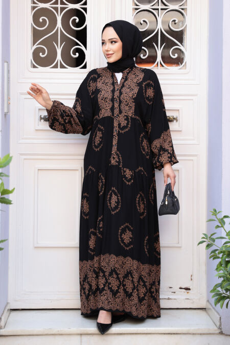 Modest Black Flower Maxi Dress 24014S - NEVA STYLE