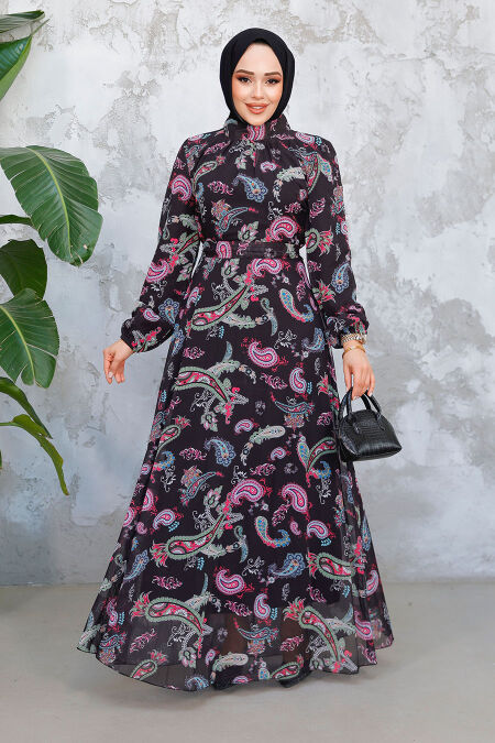 Modest Black Fuchsia Floral Long Dress 52681SF - NEVA STYLE