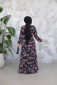 Modest Black Fushia Floral Long Dress 52681SF - 3