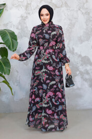 Modest Black Fushia Floral Long Dress 52681SF - 2