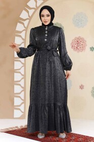 Modest Black Jacquard Dress 23891S - 2