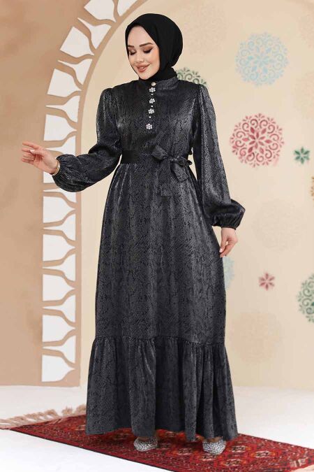 Modest Black Jacquard Dress 23891S - NEVA STYLE