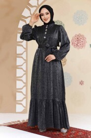 Modest Black Jacquard Dress 23891S - 3