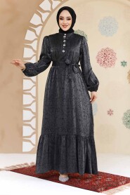 Modest Black Jacquard Dress 23891S - 4