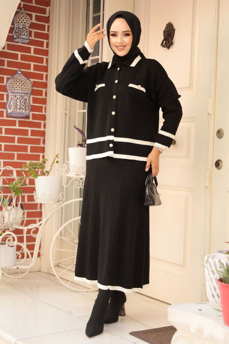 Modest Black Knitwear Dual Skirt Suit 23326S - NEVA STYLE
