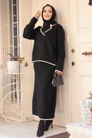 Modest Black Knitwear Dual Skirt Suit 24112S - 1