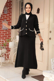 Modest Black Knitwear Dual Skirt Suit 24204S - 2